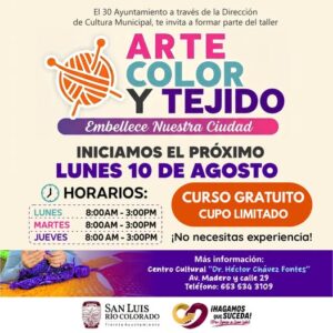 Invita Ayuntamiento de San Luis Río Colorado al taller gratuito «Arte, Color y Tejido»
