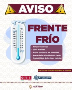 Prevé Protección Civil descenso térmico y rachas de viento por ingreso de frente frío a Agua Prieta