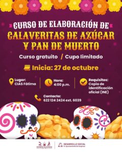 Invita Ayuntamiento de Guaymas a curso gratuito de elaboración de calaveritas de azúcar y pan de muerto