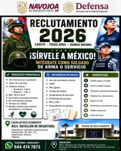 Abren Ejército Mexicano y Guardia Nacional convocatoria de reclutamiento 2026 en el sur de Sonora; sede en el 60/o Batallón de Infantería